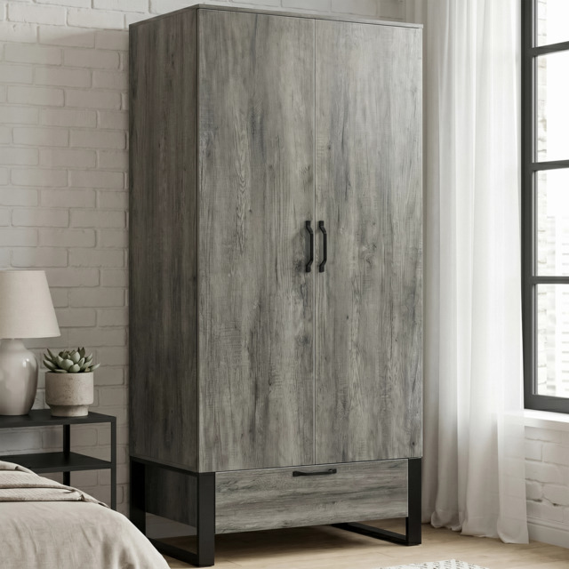 Rustvale Industrial 2 Door Wardrobe with Drawer - Wooden Grey Effect - image 1