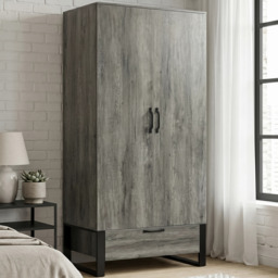 Rustvale Industrial 2 Door Wardrobe with Drawer - Wooden Grey Effect - thumbnail 1