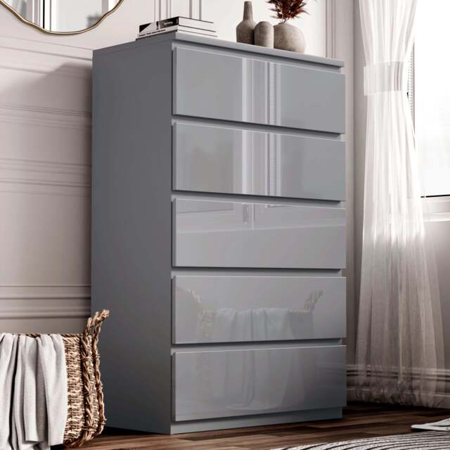 High Gloss Tall Chest of Drawers - 5 Drawer Chest Bedroom Drawers - Grey