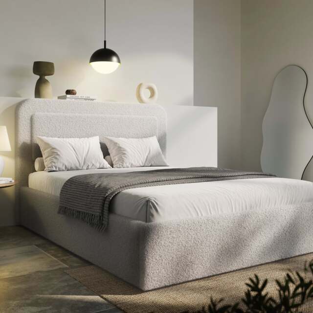Boucle Upholstered Ottoman Storage Bed with Curved Headboard - King (5ft) / Grey