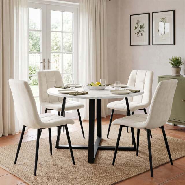 Kyvon Round Dining Table Set with 4 Chairs - White Marble Effect - Cream