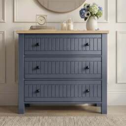Linra Blue Painted 3 Drawer Chest of Drawers with Oak Top - thumbnail 2