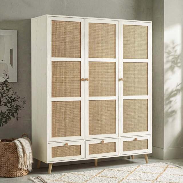 Wovena Rattan 3 Door Wardrobe With Drawers and Shelves - White - image 1