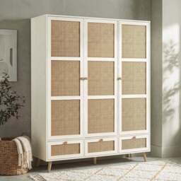 Wovena Rattan 3 Door Wardrobe With Drawers and Shelves - White - thumbnail 1