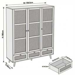 Wovena Rattan 3 Door Wardrobe With Drawers and Shelves - White - thumbnail 4
