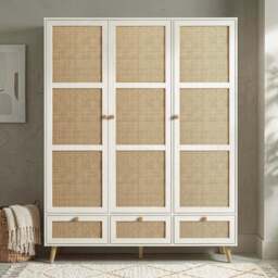 Wovena Rattan 3 Door Wardrobe With Drawers and Shelves - White - thumbnail 2