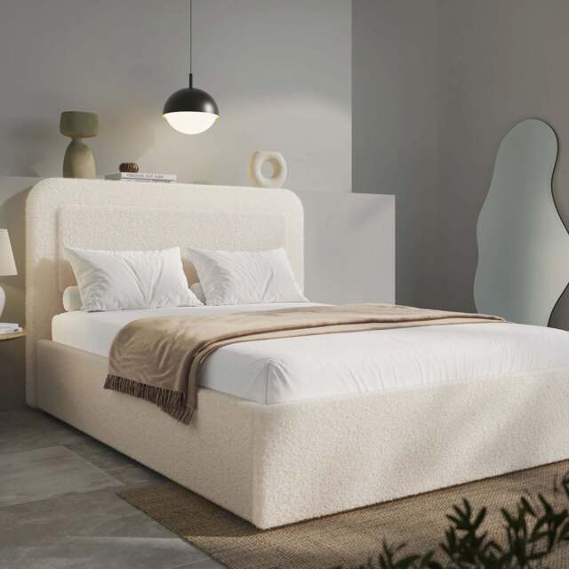 Boucle Upholstered Ottoman Storage Bed with Curved Headboard - Double (4ft6) / Beige