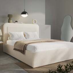 Boucle Upholstered Ottoman Storage Bed with Curved Headboard - Double (4ft6) / Beige