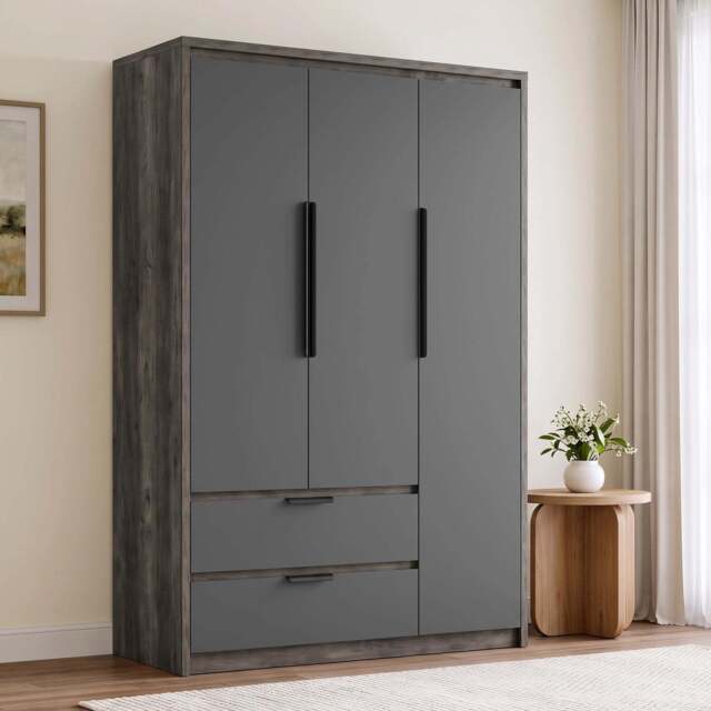 Skova 3 Door Wardrobe with Drawers and Shelves - Wooden Grey