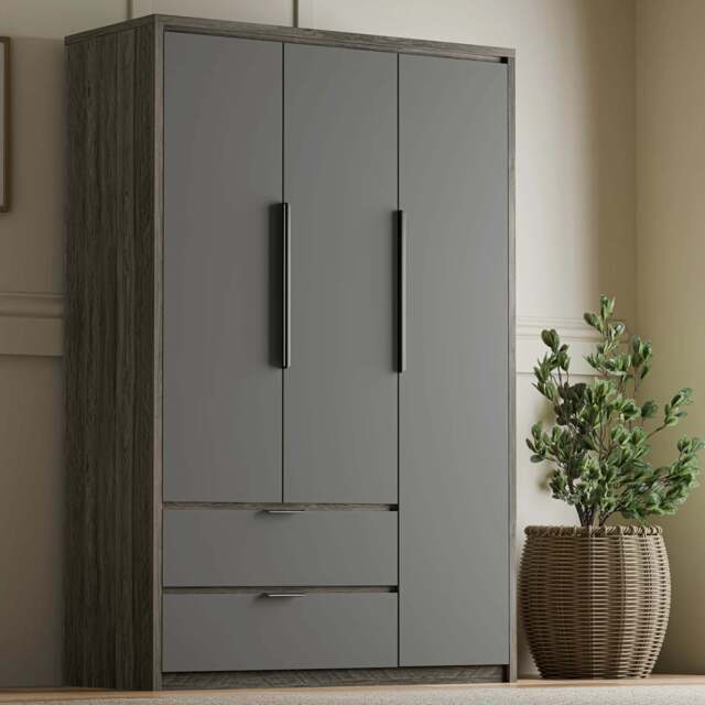 Skova 3 Door Wardrobe with Drawers and Shelves & Clothes Rail - Wooden Grey+Grey