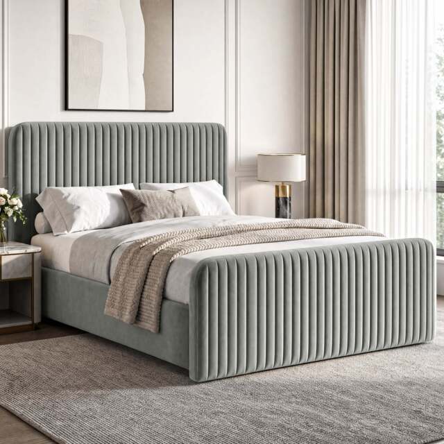Vertical Line Ottoman Storage Bed - Tall Padded Headboard - Double / Light Grey