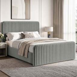 Vertical Line Ottoman Storage Bed - Tall Padded Headboard - Double / Light Grey