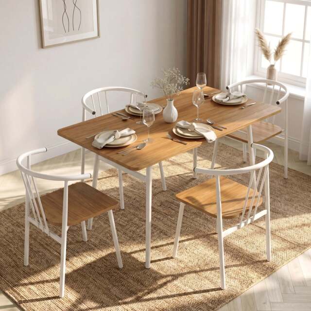 Torvi Industrial Dining Table and 4 Chairs Set, Metal Frame - Oak