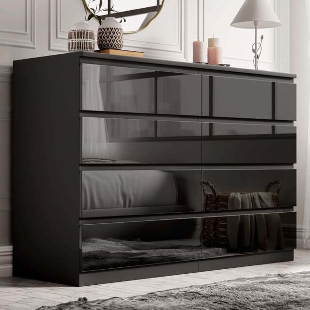 High Gloss Wide 8 Drawer Chest of Drawers - Bedroom Dresser - Black