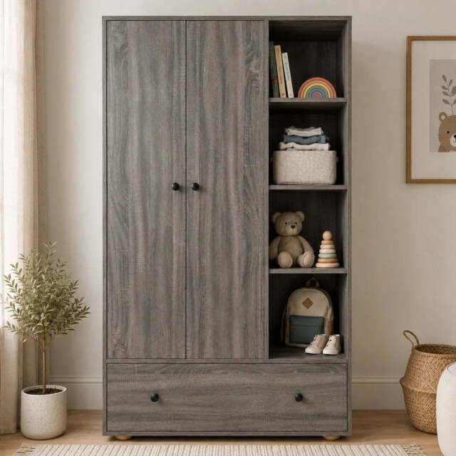 Kids Triple Wardrobe with Drawer & Open Shelves - Grey Wooden