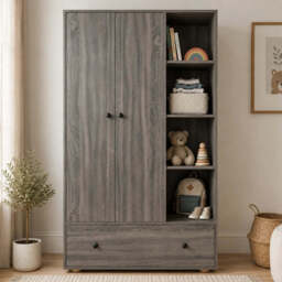 Kids Triple Wardrobe with Drawer & Open Shelves - Grey Wooden