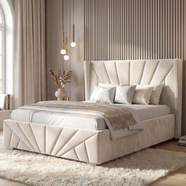 Velvet Ottoman Storage Bed - Sunrise Ottoman Bed Frame - Small Double (4ft) / Beige