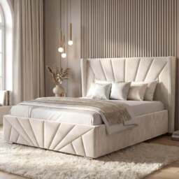 Velvet Ottoman Storage Bed - Sunrise Ottoman Bed Frame - Small Double (4ft) / Beige