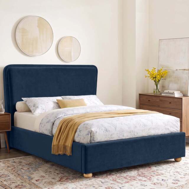 Plush Velvet Ottoman Storage Bed with Comfy Backrest - King / Blue