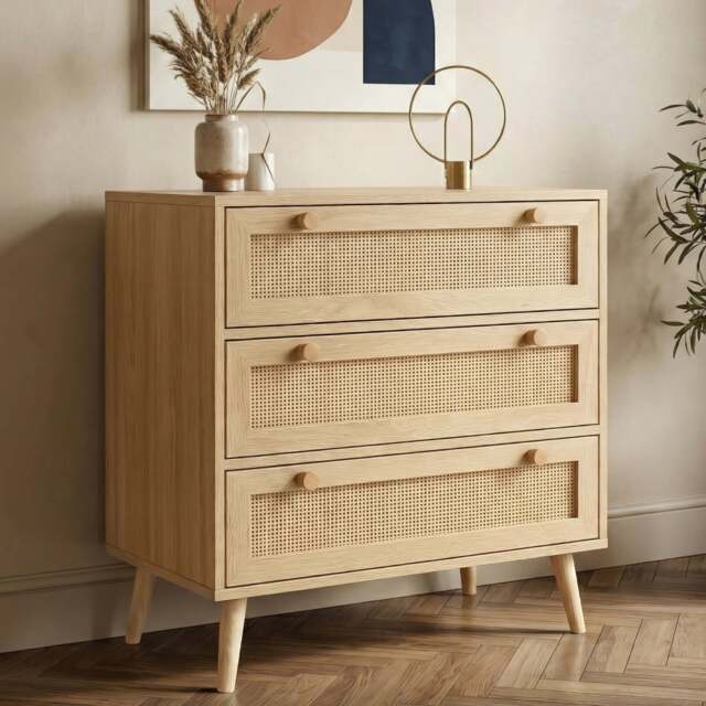 Wovena Oak Effect Rattan 3 Chest of Drawers, Pine legs - image 1