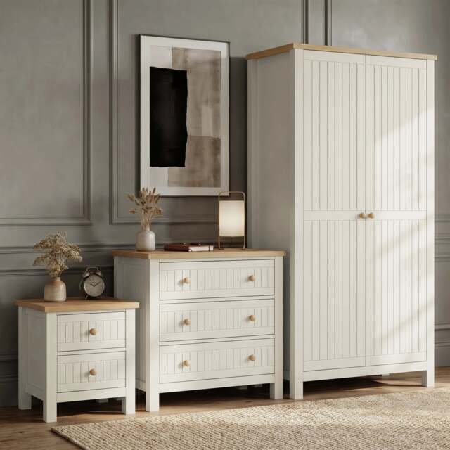 Linra White Painted 3 Piece Bedroom Furniture Set - Oak Top - image 1