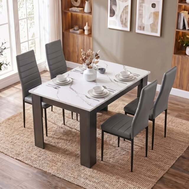 4-6 Seater Dining Table and Chairs Set, - White Marble Effect - 4 Seater / Grey