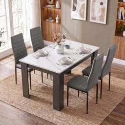 4-6 Seater Dining Table and Chairs Set, - White Marble Effect - 4 Seater / Grey