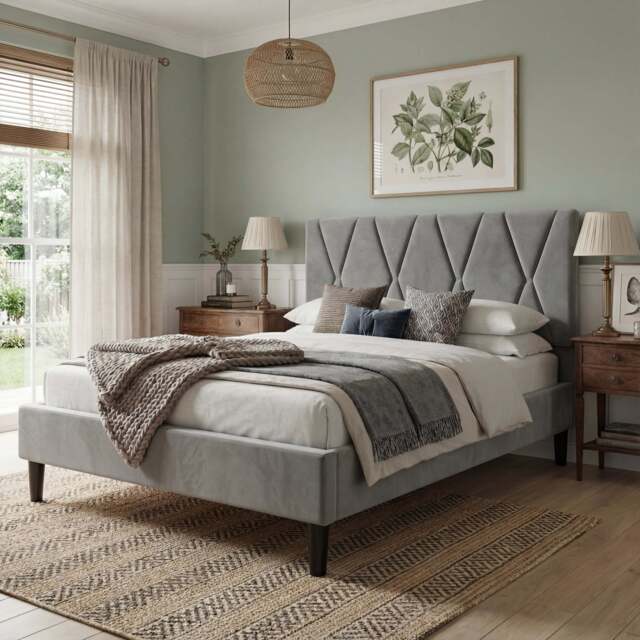 Velvet Double Bed Frame with Headboard Upholstered King Size Bed Frame - Double (4ft6) / Grey