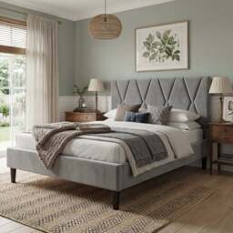 Velvet Double Bed Frame with Headboard Upholstered King Size Bed Frame - Double (4ft6) / Grey