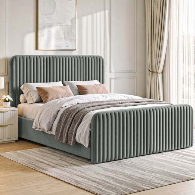 Vertical Plush Velvet Ottoman Storage Bed - Tall Padded Headboard - Double / Grey