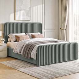 Vertical Plush Velvet Ottoman Storage Bed - Tall Padded Headboard - Double / Grey