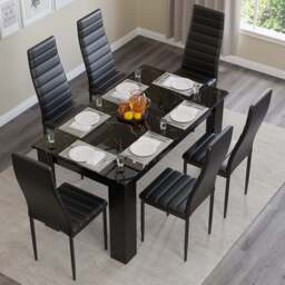 Gloss Black Marble Finish 4-6 Seater Dining Table and Chairs Set - thumbnail 3