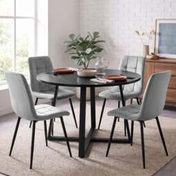 Kyvon Round Dining Table Set with 4 Chairs - Black Wood Effect - Light Grey