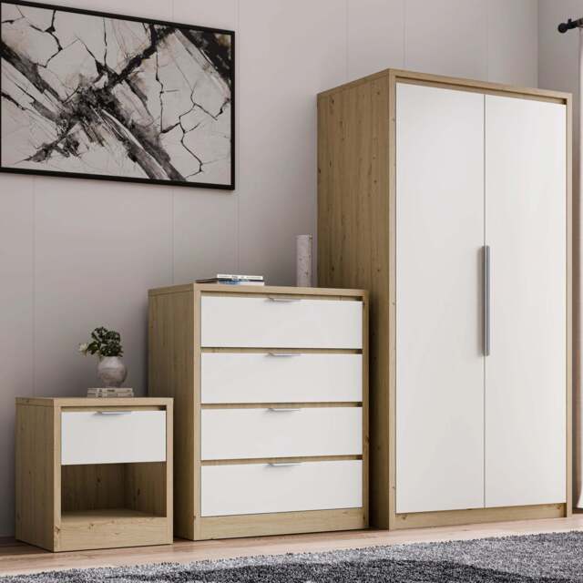 Skova 3 Piece Bedroom Set - Wardrobe and Chest of Drawers - Oak+White