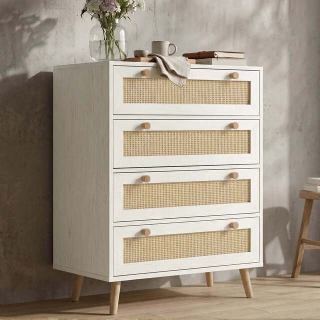 Woven Rattan 4 Drawer Chest of Drawers, White - image 1
