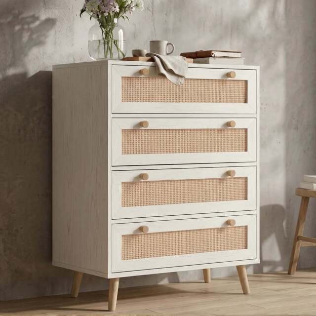 Woven Rattan 4 Drawer Chest of Drawers, White - image 1