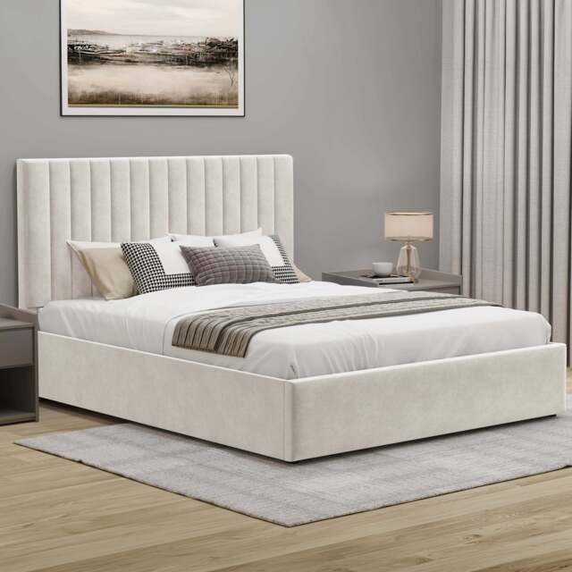 Vertical Line Ottoman Storage Bed - Velvet Ottoman Bed Frame - Double (4ft6) / Beige