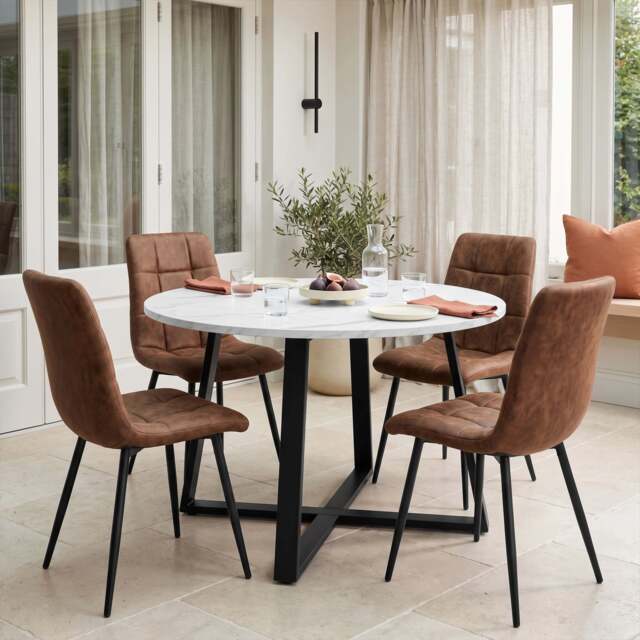 Kyvon Round Dining Table Set with 4 Chairs - White Marble Effect - Brown Suede Leather