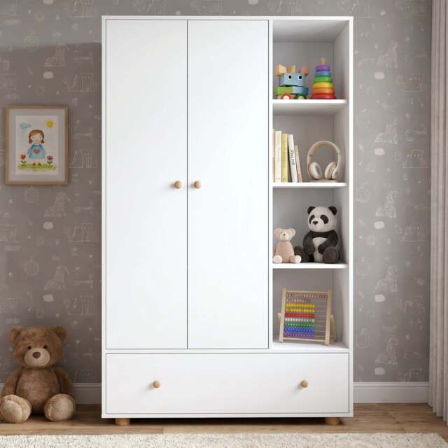 Kids Triple Wardrobe with Drawer & Open Shelves - White - image 1