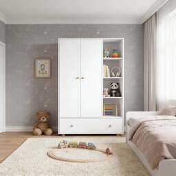 Kids Triple Wardrobe with Drawer & Open Shelves - White - thumbnail 6