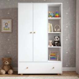 Kids Triple Wardrobe with Drawer & Open Shelves - White