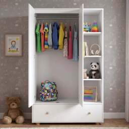 Kids Triple Wardrobe with Drawer & Open Shelves - White - thumbnail 2