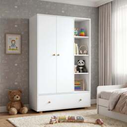 Kids Triple Wardrobe with Drawer & Open Shelves - White - thumbnail 3