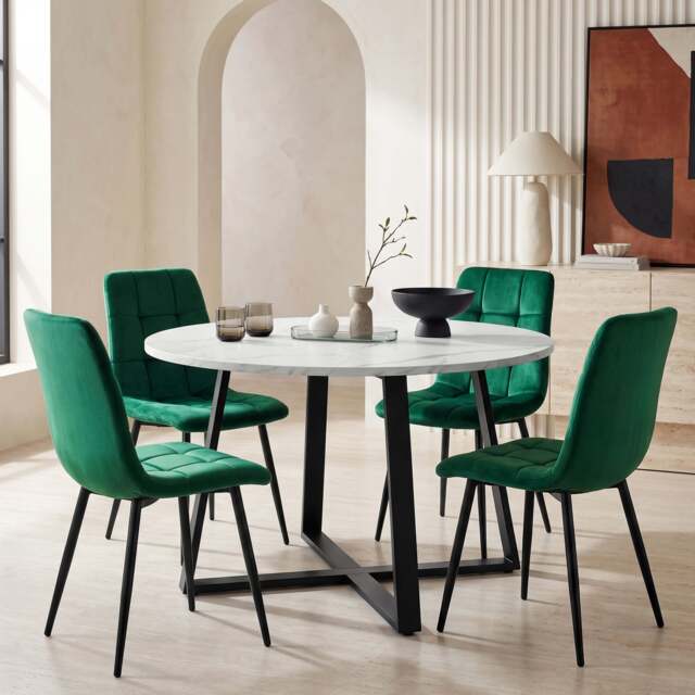 Kyvon Round Dining Table Set with 4 Chairs - White Marble Effect - Green