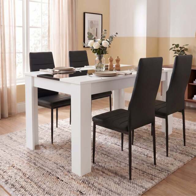 White & Black Gloss 4-6 Seater Dining Table and Chairs Set - 4 Seater / Black