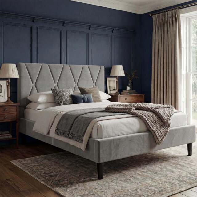 Velvet Double Bed Frame with Headboard Upholstered King Size Bed Frame - image 1