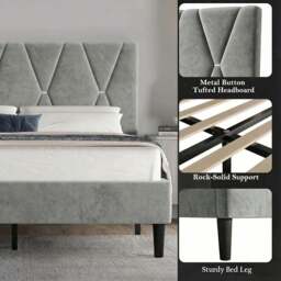Velvet Double Bed Frame with Headboard Upholstered King Size Bed Frame - thumbnail 5