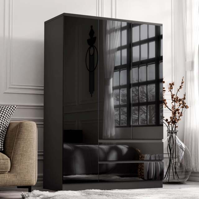 High Gloss 3 Door Wardrobe With Drawers And Shelves - Black