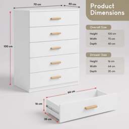 Tall 5 Drawer Chest of Drawers - Bedroom Storage - thumbnail 5
