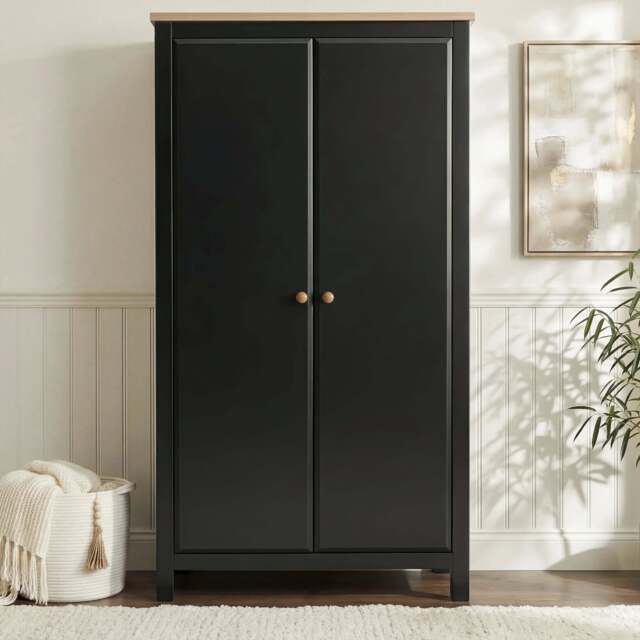 Haven Black 2 Door Double Wardrobe with Shelves and Hanging Rail - image 1